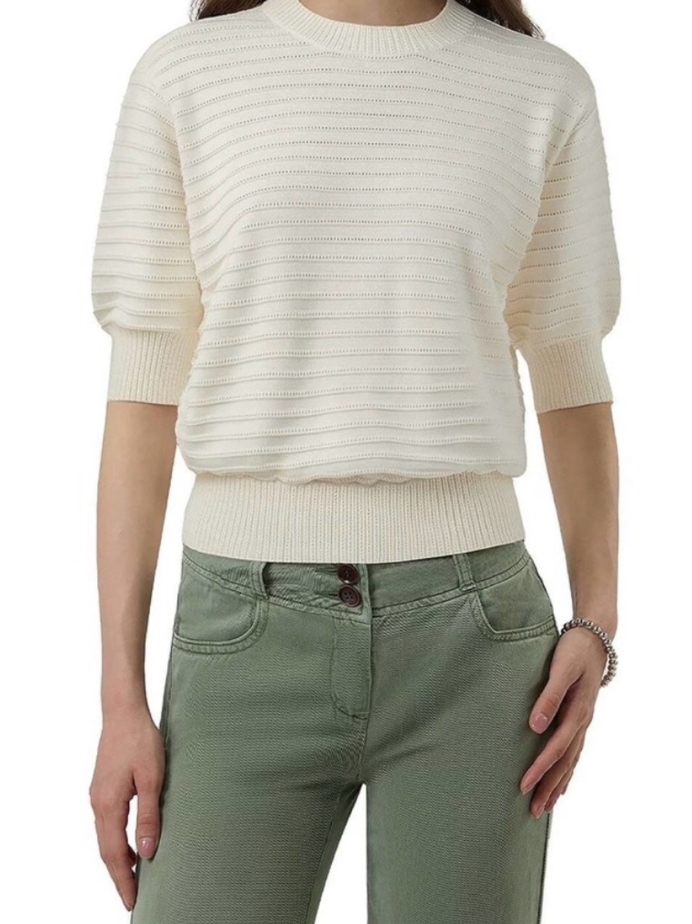 Frye Cream Short-Sleeve Ribbed Crewneck Sweater